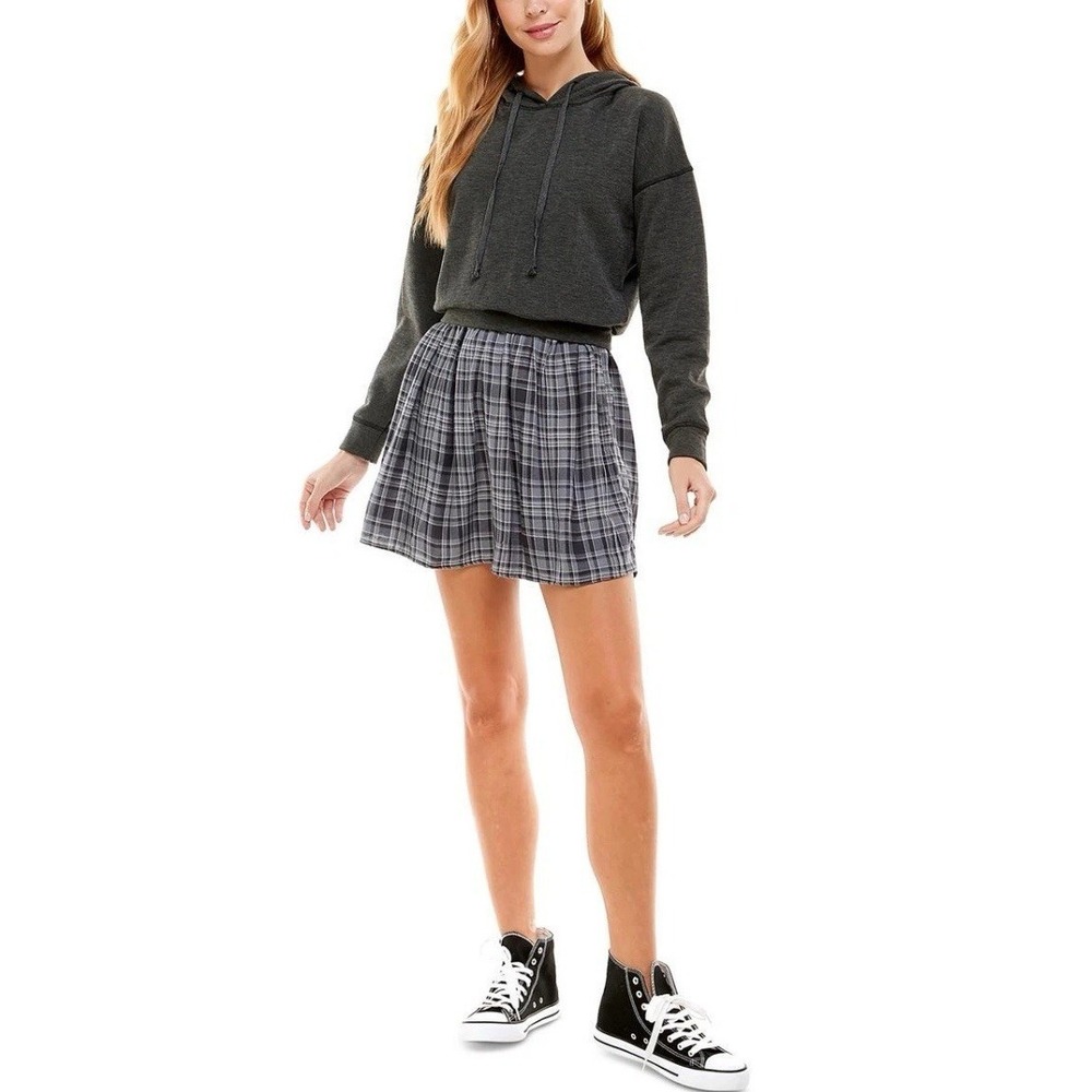 Women Hoodie Mini Dress Juniors Sz Small Layered Look Gray Black White Plaid